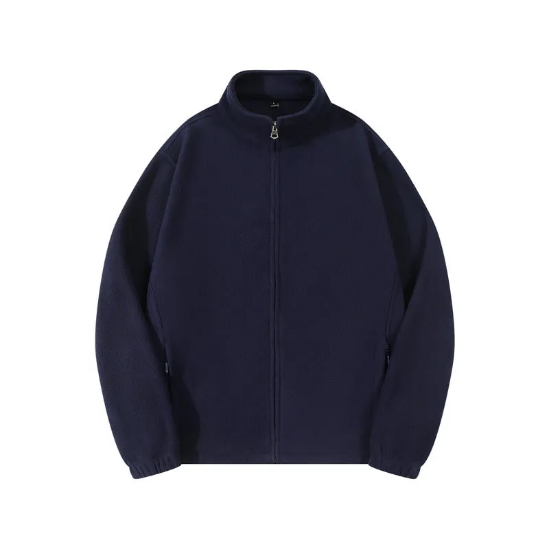 Men's double-sided polar fleece stand-up collar zipper sweatshirt in beige, loose cardigan style with patch pocket