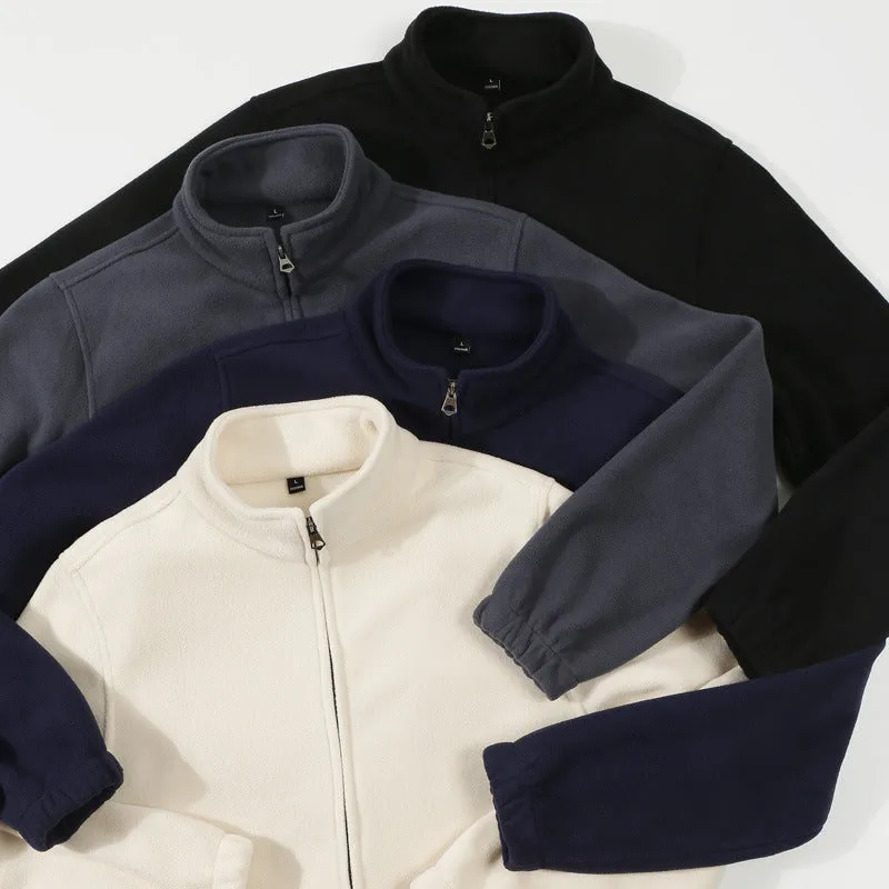 Men's double-sided polar fleece stand-up collar zipper sweatshirt in beige, loose cardigan style with patch pocket