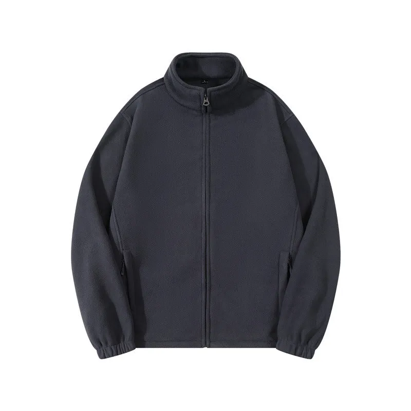 Men's double-sided polar fleece stand-up collar zipper sweatshirt in beige, loose cardigan style with patch pocket