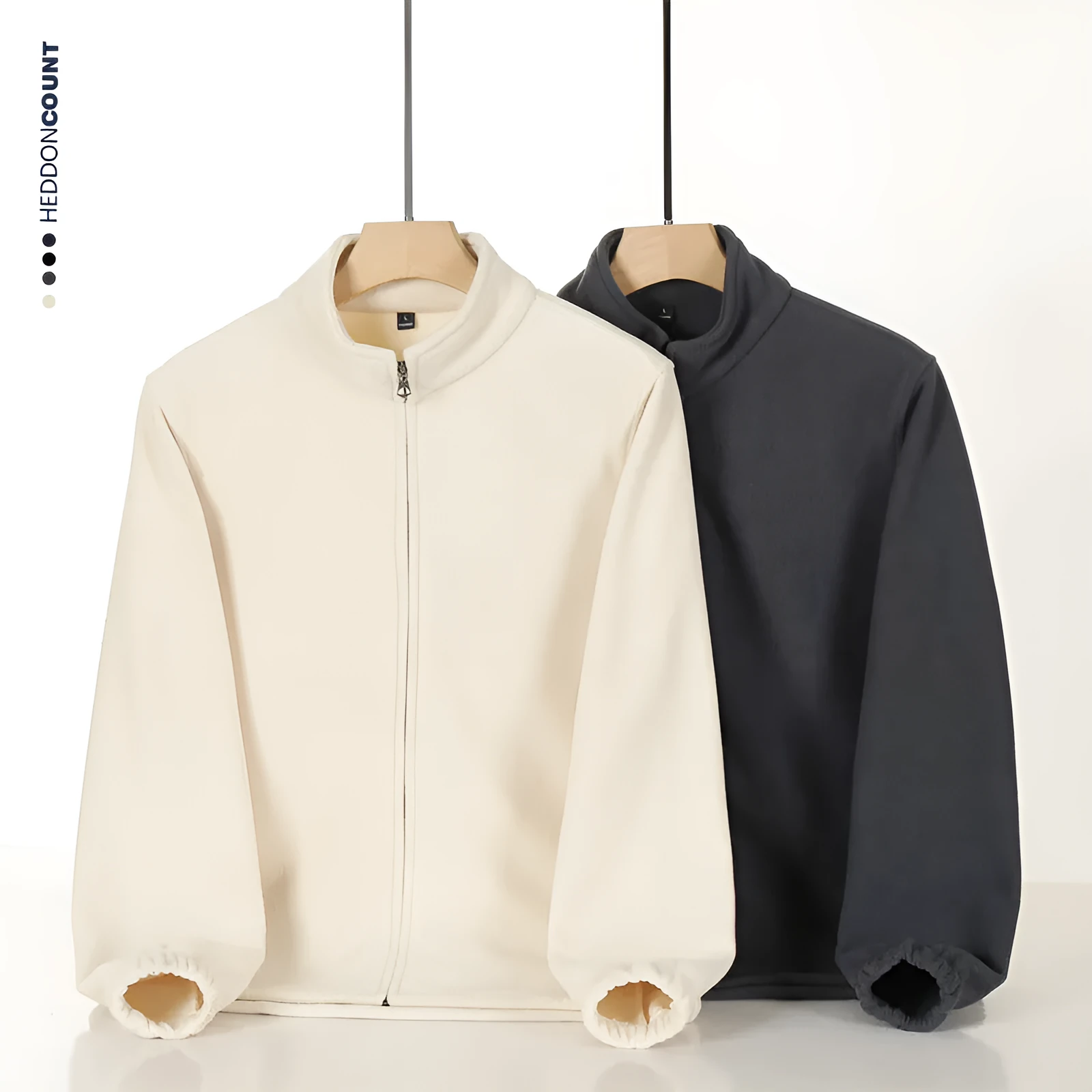 Men's double-sided polar fleece stand-up collar zipper sweatshirt in beige, loose cardigan style with patch pocket