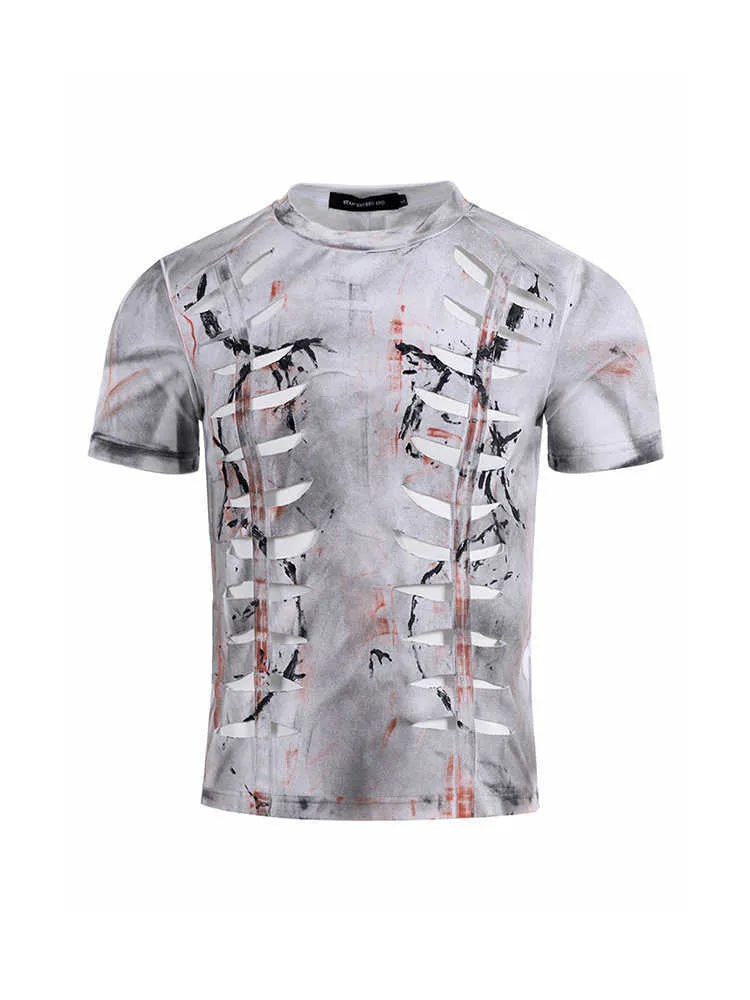 Men's white cotton t-shirt with hollow-out cut design and short sleeves