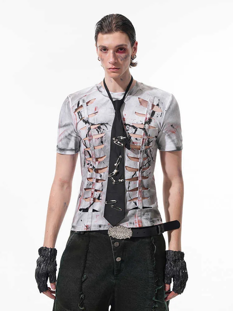 Men's white cotton t-shirt with hollow-out cut design and short sleeves