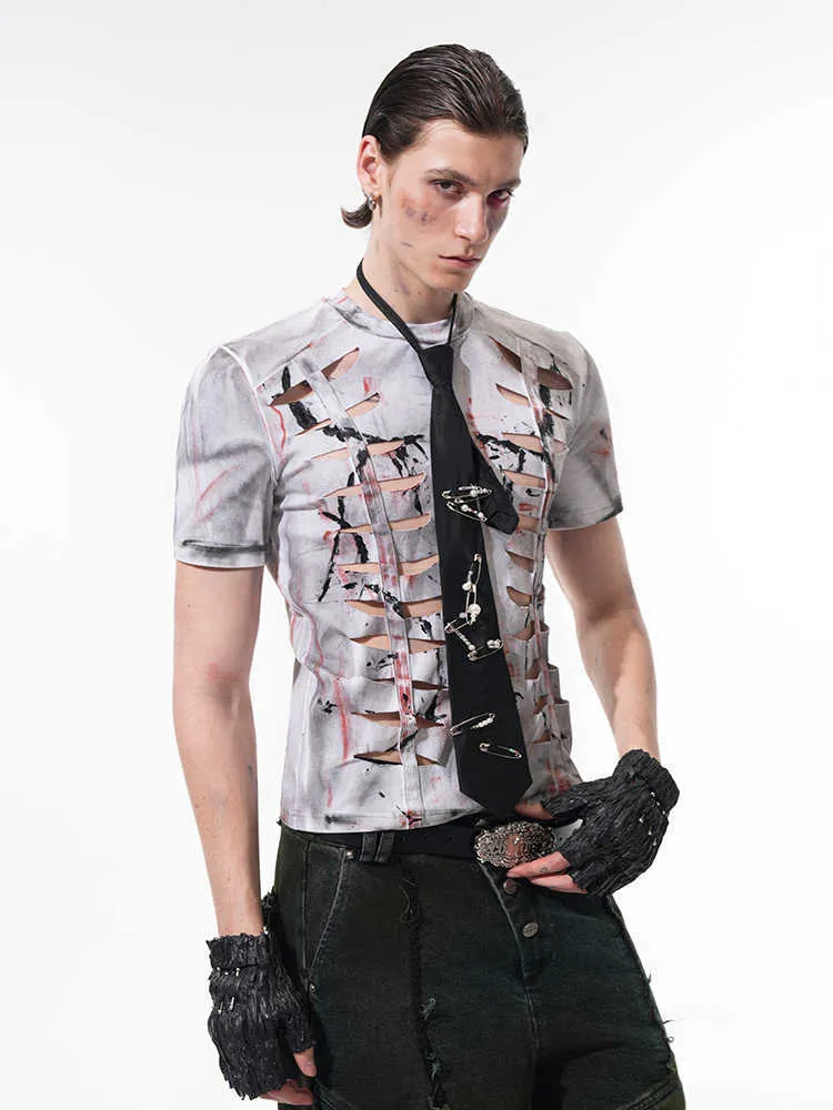 Men's white cotton t-shirt with hollow-out cut design and short sleeves