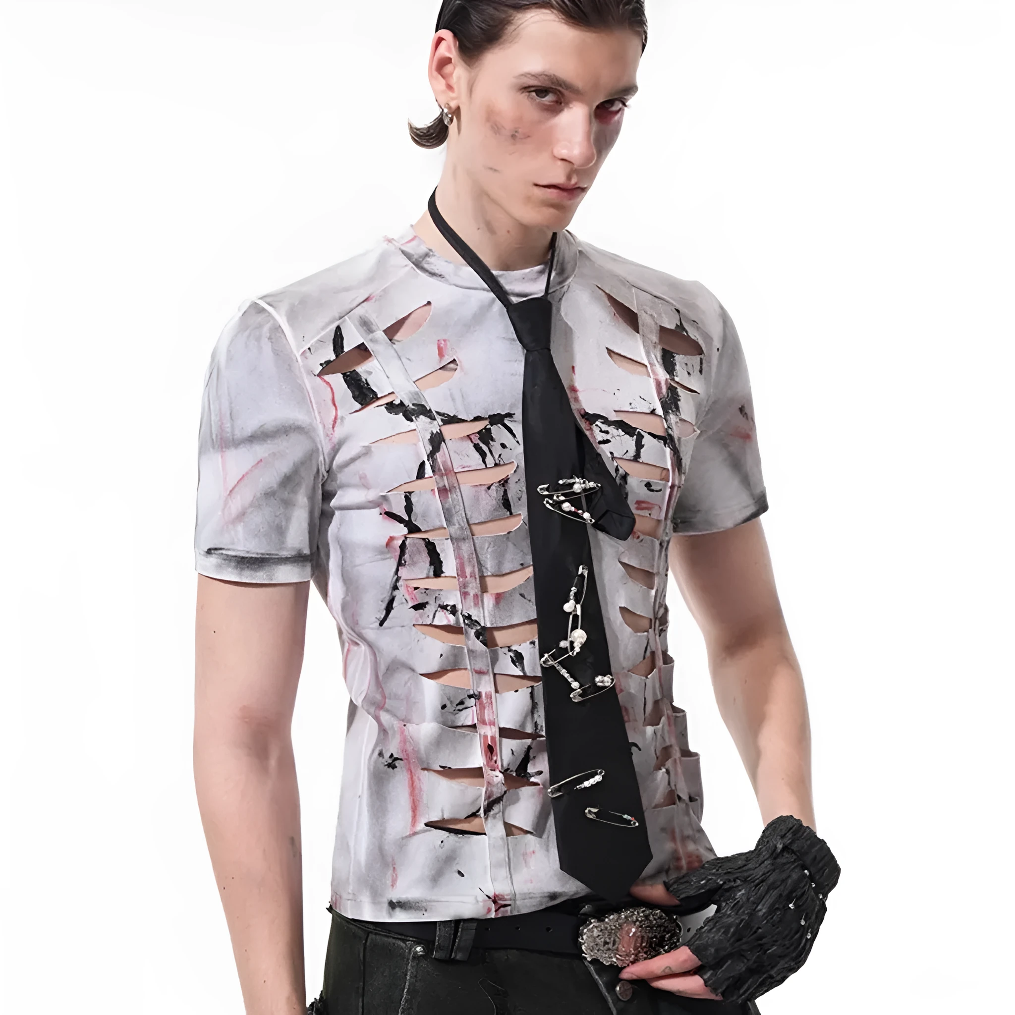 Men's white cotton t-shirt with hollow-out cut design and short sleeves