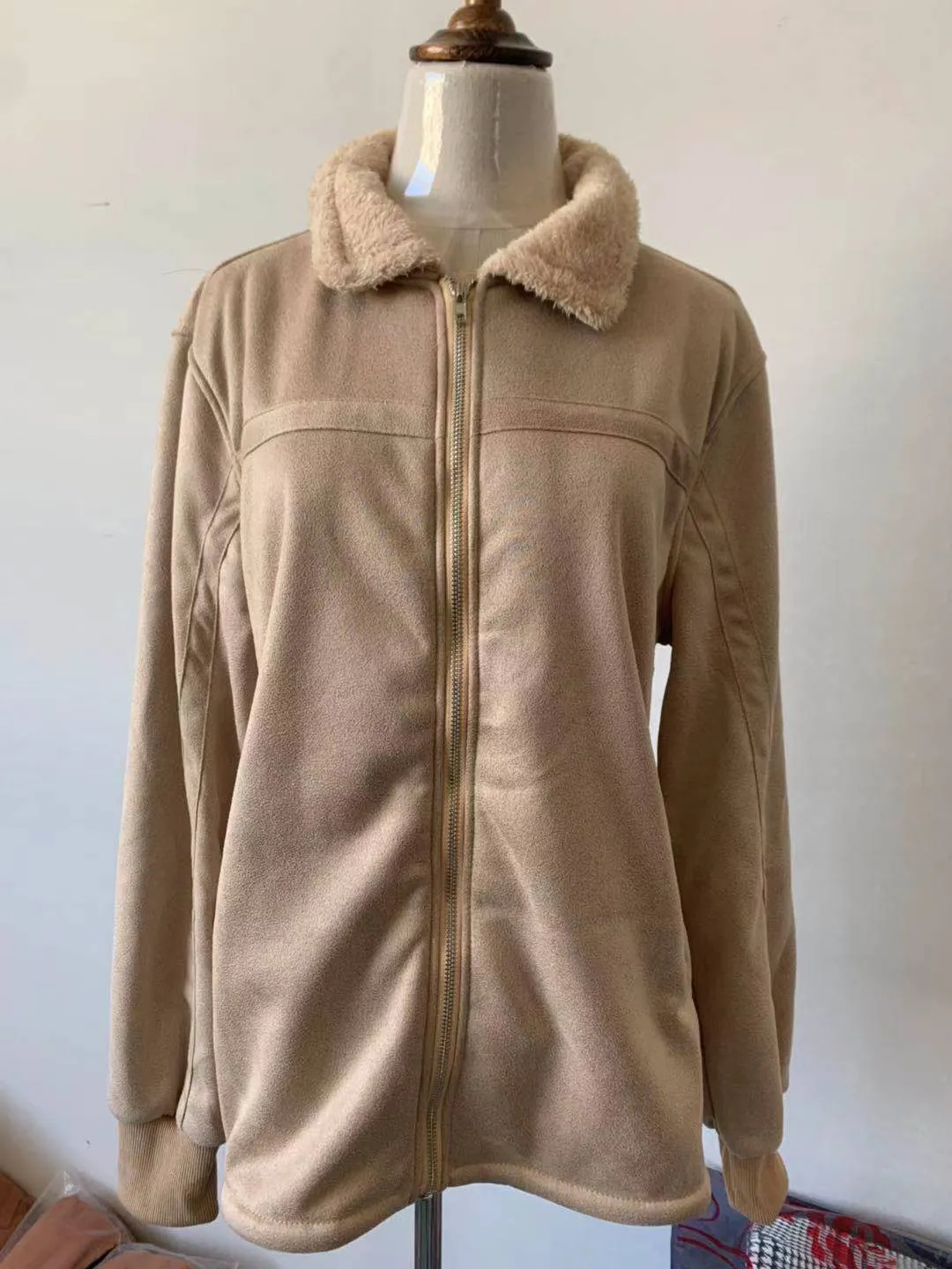 Women's casual biker jacket in grey polyester blend with sanded finish, regular length 50-65cm