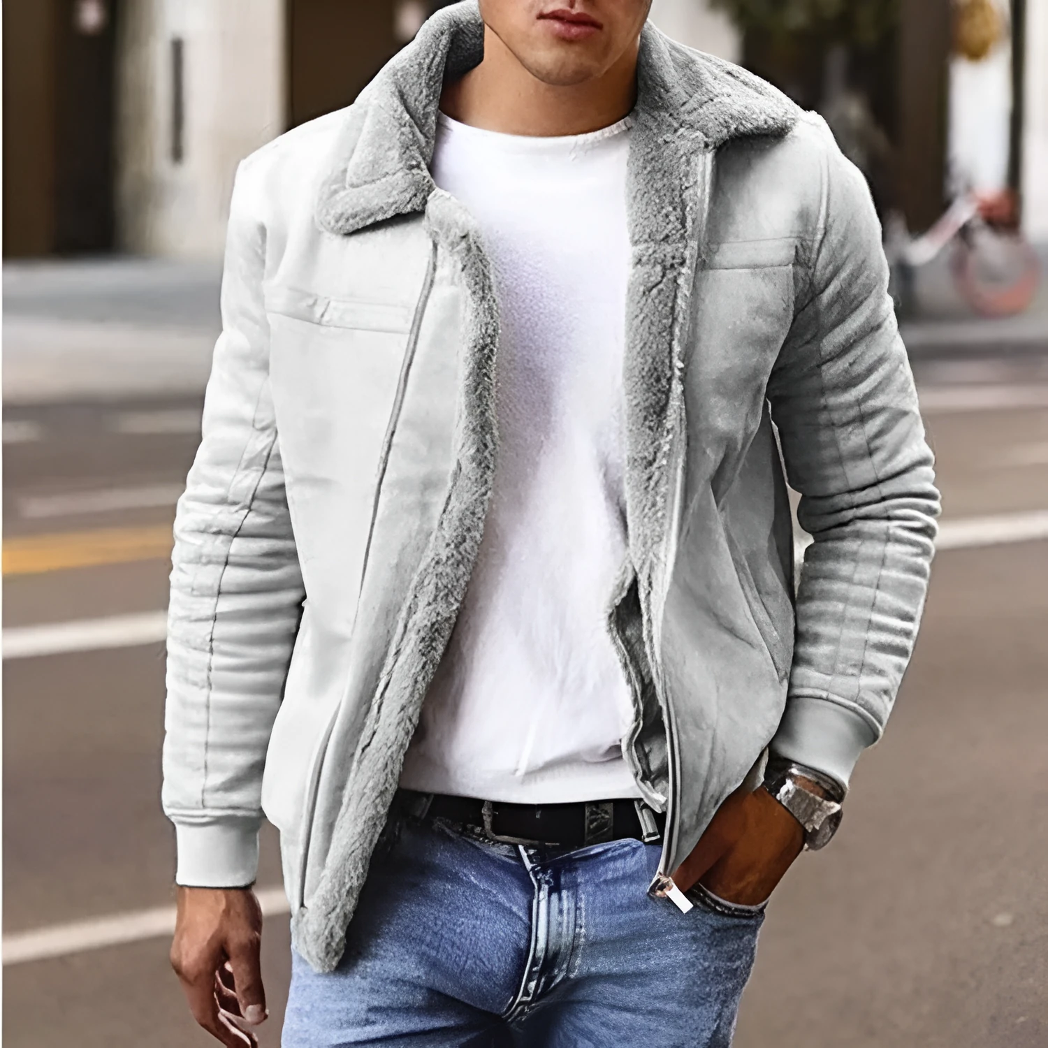 Women's casual biker jacket in grey polyester blend with sanded finish, regular length 50-65cm