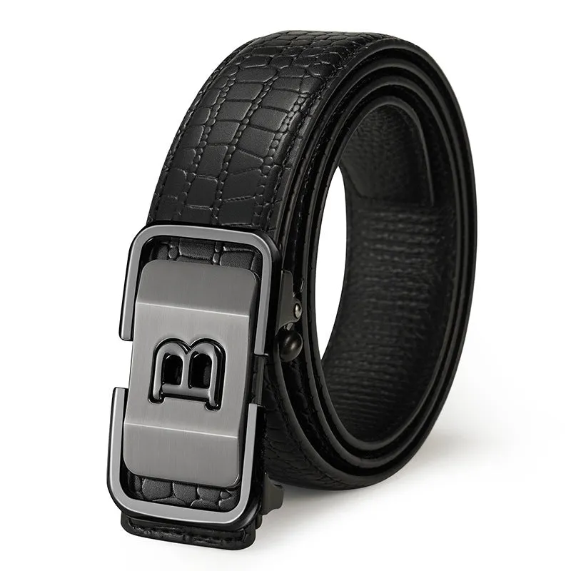 Toothless automatic buckle genuine leather belt in coffee black with zinc alloy buckle