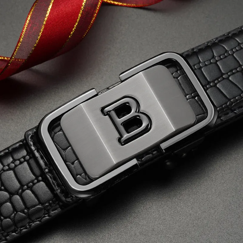Toothless automatic buckle genuine leather belt in coffee black with zinc alloy buckle