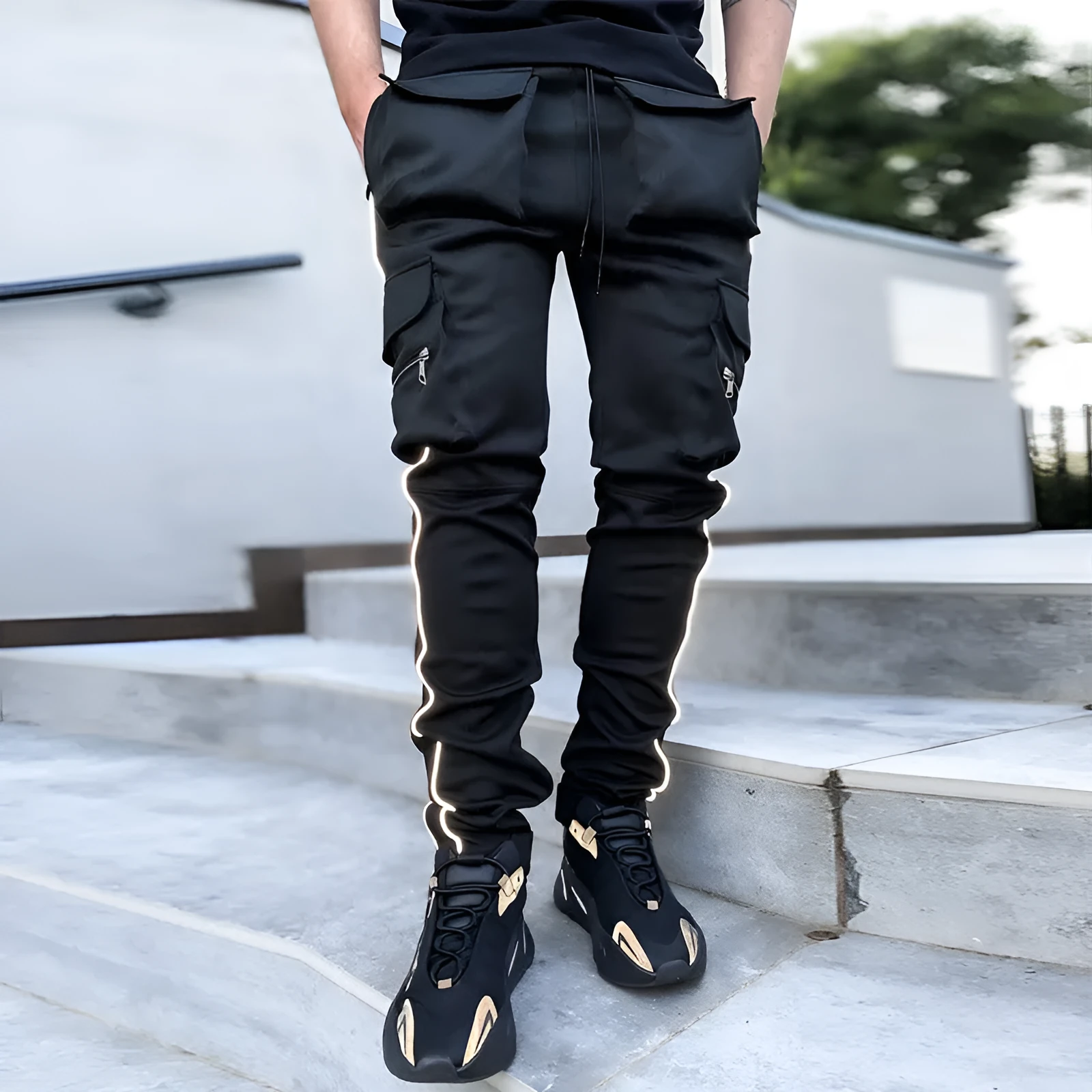 Men's loose fit work trousers in black showing straight leg design with cotton blend liner