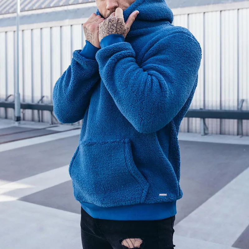 Men's plush cotton hoodie sweatshirt with big front pocket in olive green, contrast colour sleeves