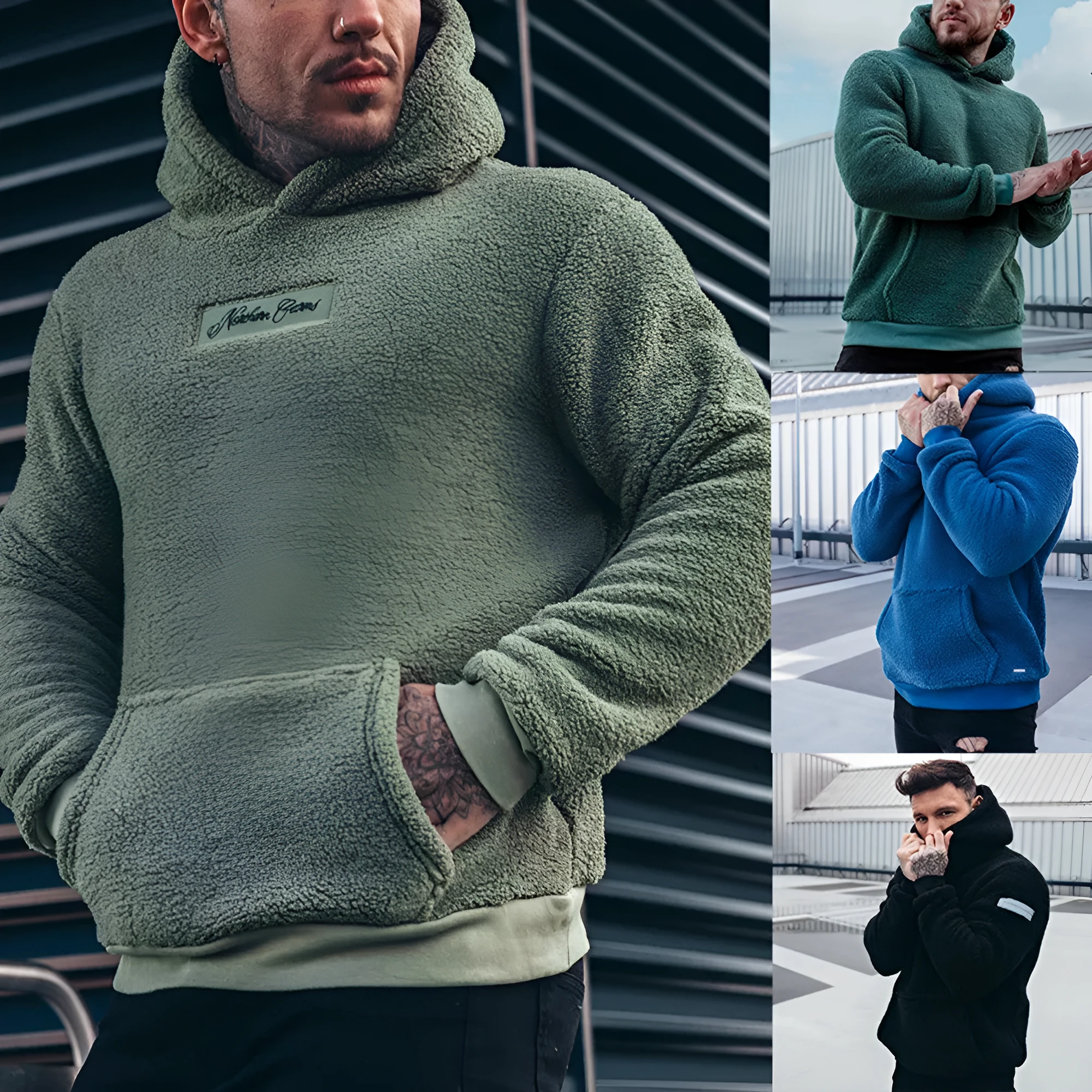 Men's plush cotton hoodie sweatshirt with big front pocket in olive green, contrast colour sleeves