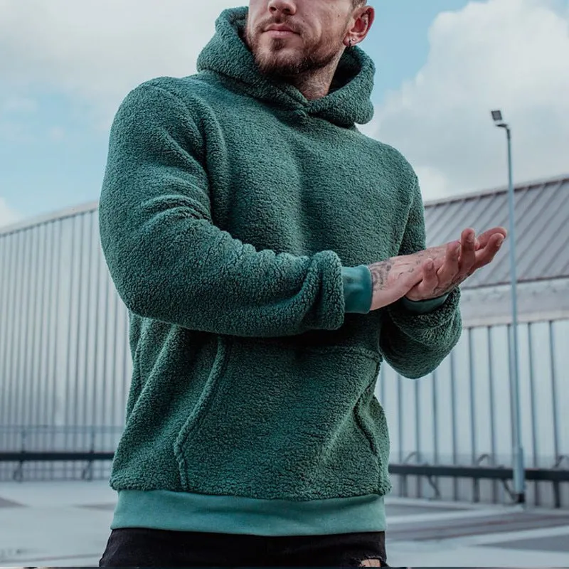 Men's plush cotton hoodie sweatshirt with big front pocket in olive green, contrast colour sleeves