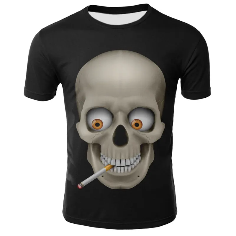 Smoking skull 3D digital print T-shirt on slim fit round neck short sleeve milk silk fabric.