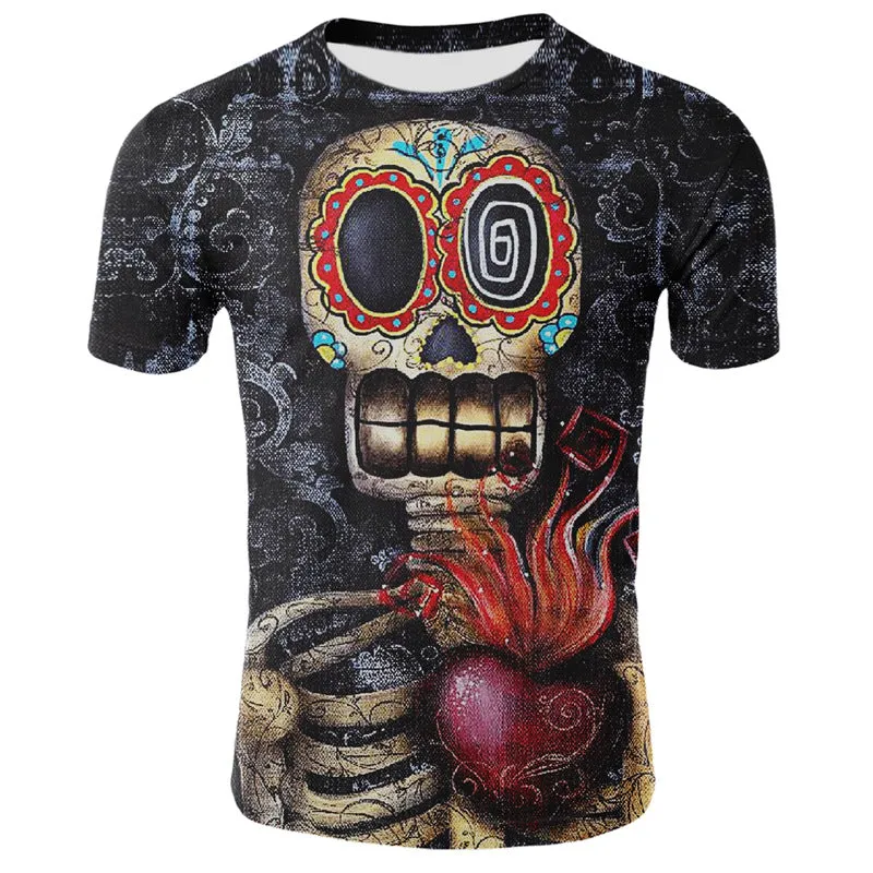 Smoking skull 3D digital print T-shirt on slim fit round neck short sleeve milk silk fabric.