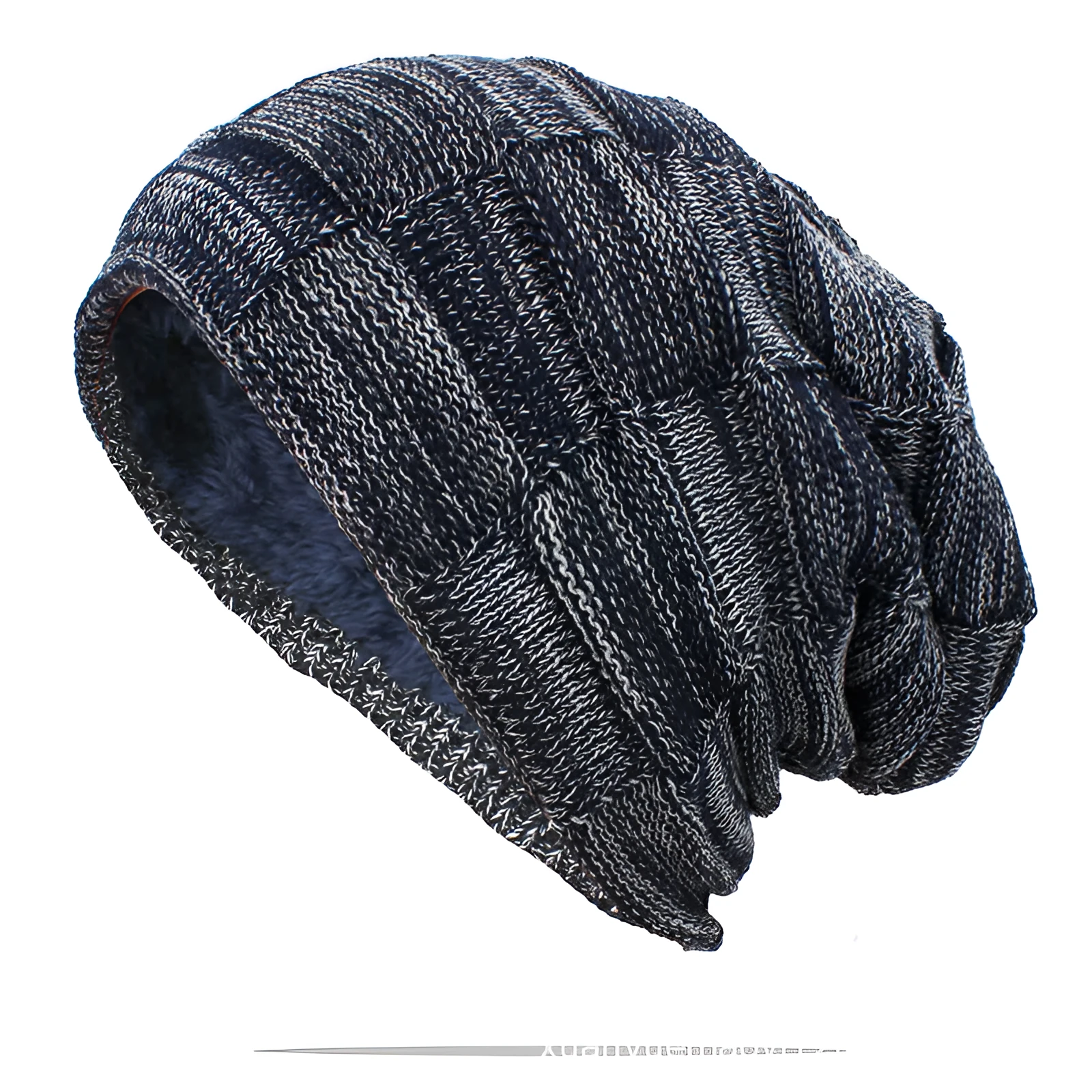 Wool knitted beanie hat in khaki, dome top, brimless style on model