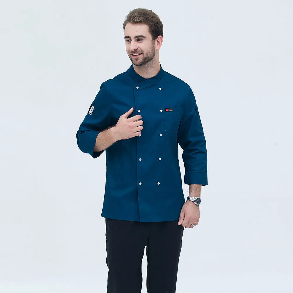 New style long sleeved cotton chef's coat for men in white, professional kitchen workwear with button front
