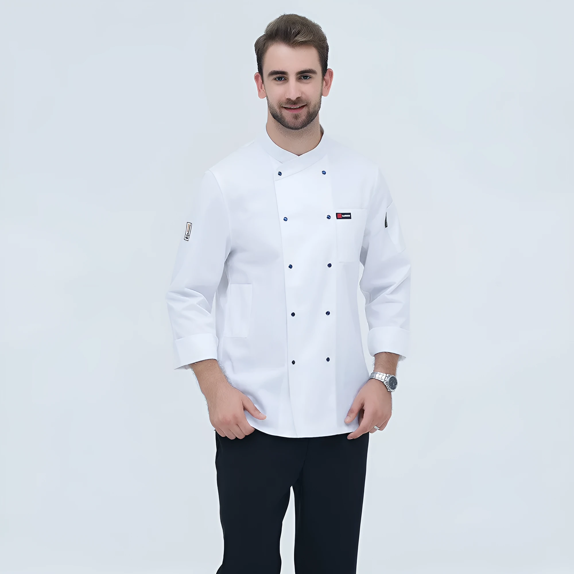 New style long sleeved cotton chef's coat for men in white, professional kitchen workwear with button front