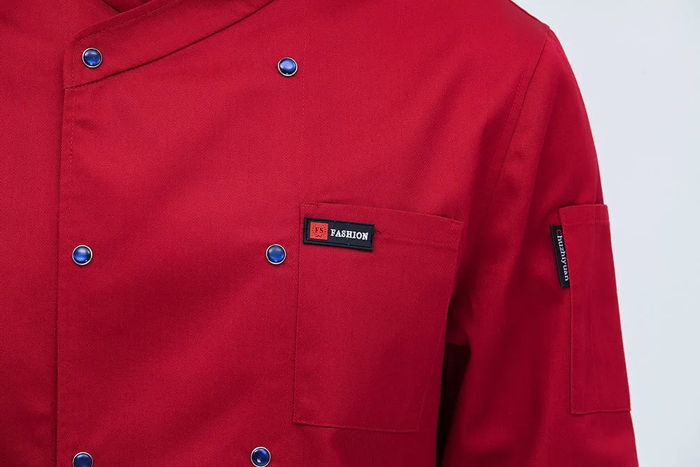 New style long sleeved cotton chef's coat for men in white, professional kitchen workwear with button front
