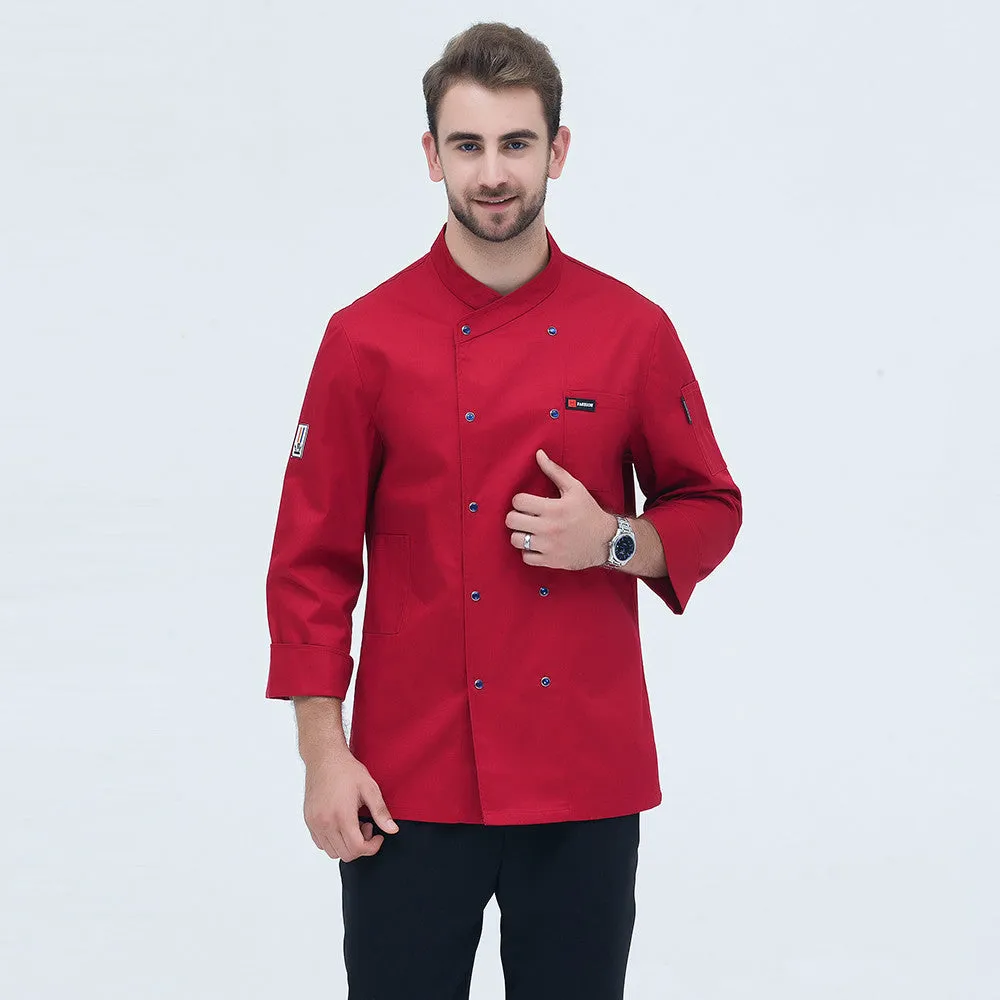 New style long sleeved cotton chef's coat for men in white, professional kitchen workwear with button front