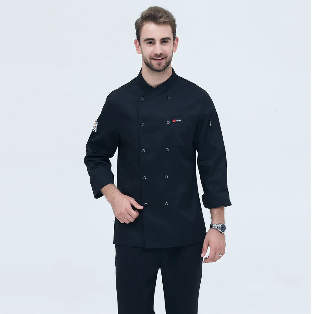 New style long sleeved cotton chef's coat for men in white, professional kitchen workwear with button front