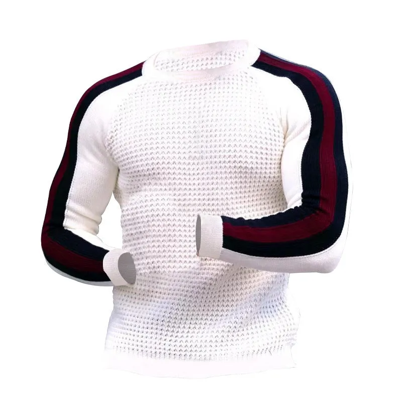 Men's contrast slim bottom sports casual sweater in cotton blend, available in multiple colours including white and navy blue