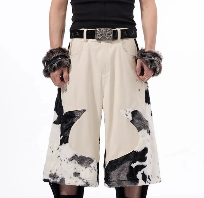 Milk fibre cropped trousers with stitching detail and fur trim in youthful trendy style