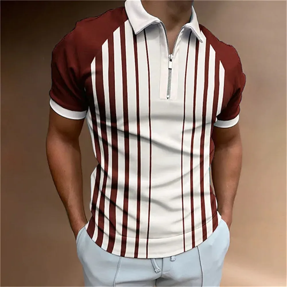 Men's 3D printed striped sleeveless polo shirt in silk and linen blend, loose fit, side view