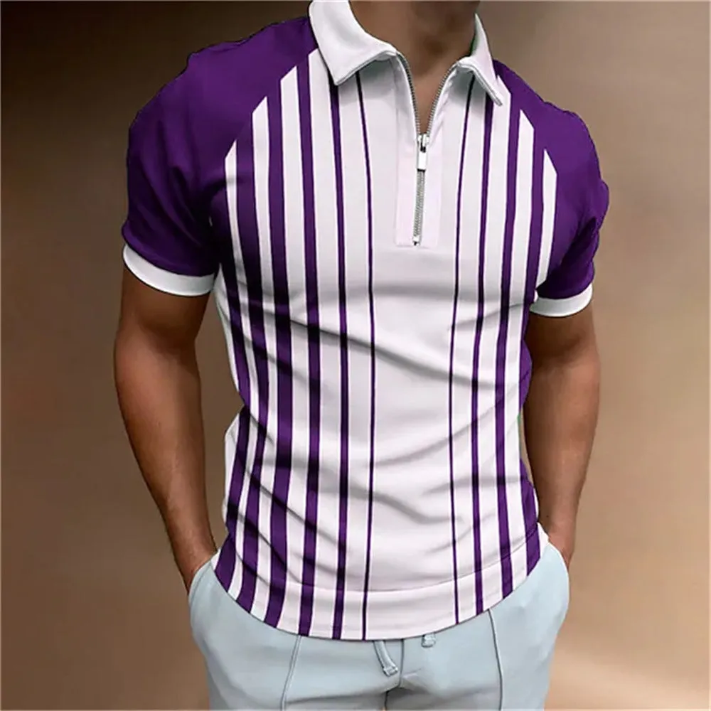 Men's 3D printed striped sleeveless polo shirt in silk and linen blend, loose fit, side view