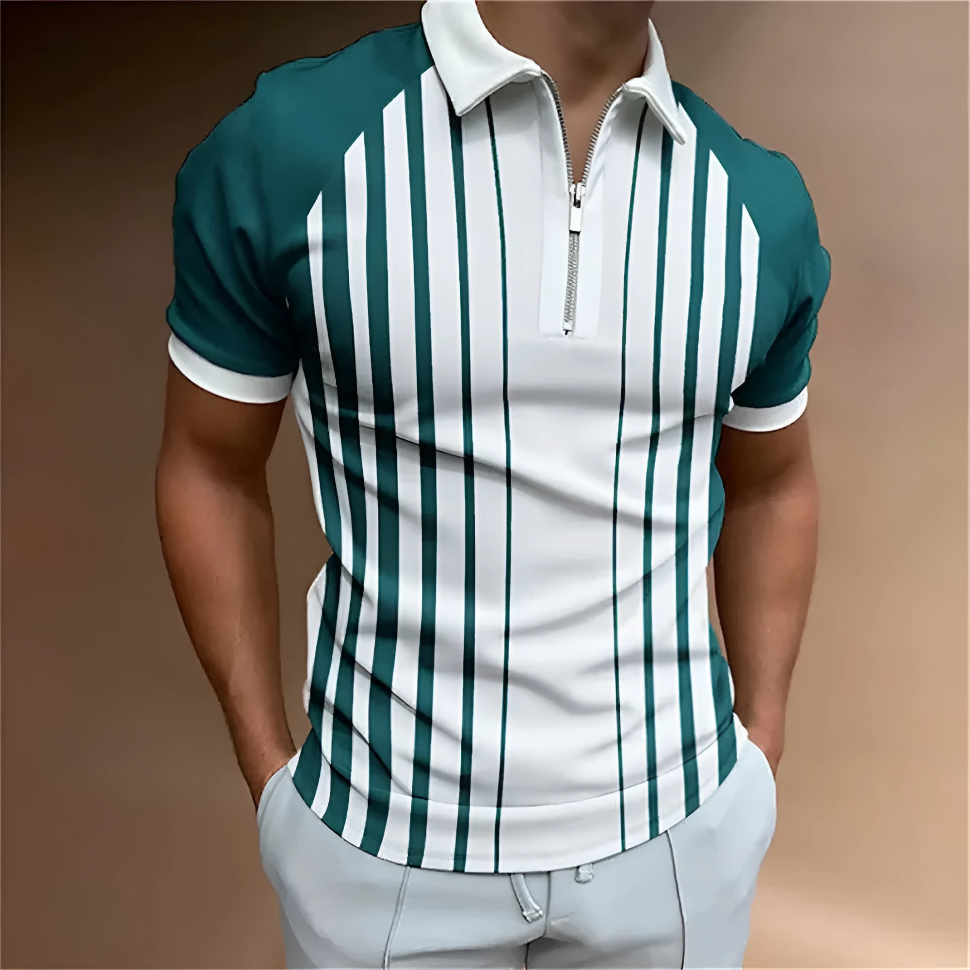 Men's 3D printed striped sleeveless polo shirt in silk and linen blend, loose fit, side view