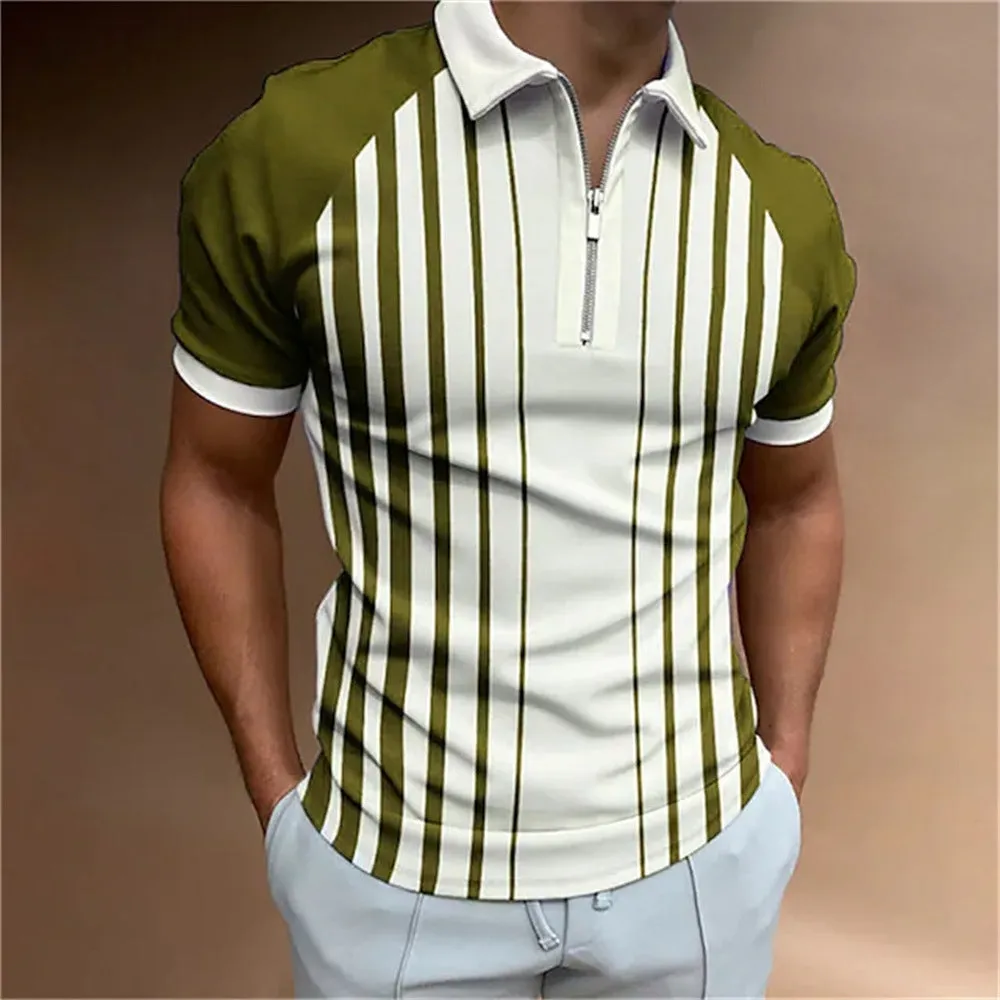 Men's 3D printed striped sleeveless polo shirt in silk and linen blend, loose fit, side view