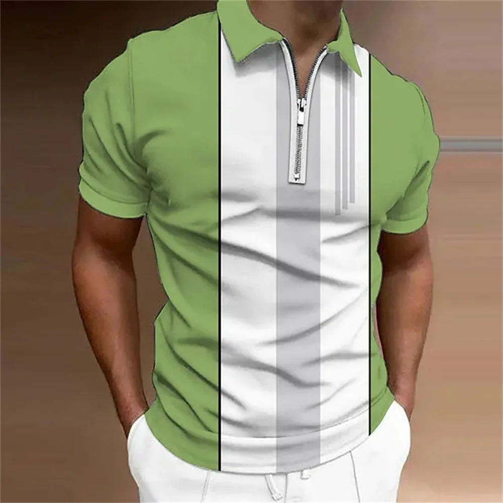Men's 3D printed striped sleeveless polo shirt in silk and linen blend, loose fit, side view