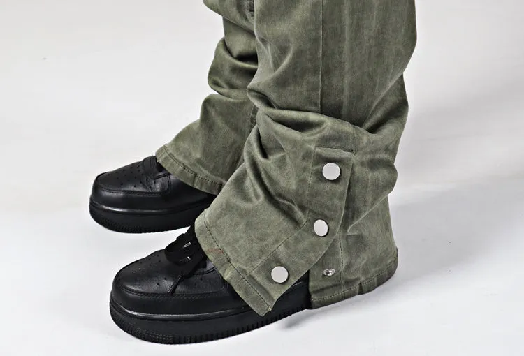 Elastic casual heavy duty flare jeans in cotton stretch denim with multi pockets, mid waist, straight leg, available in green and khaki