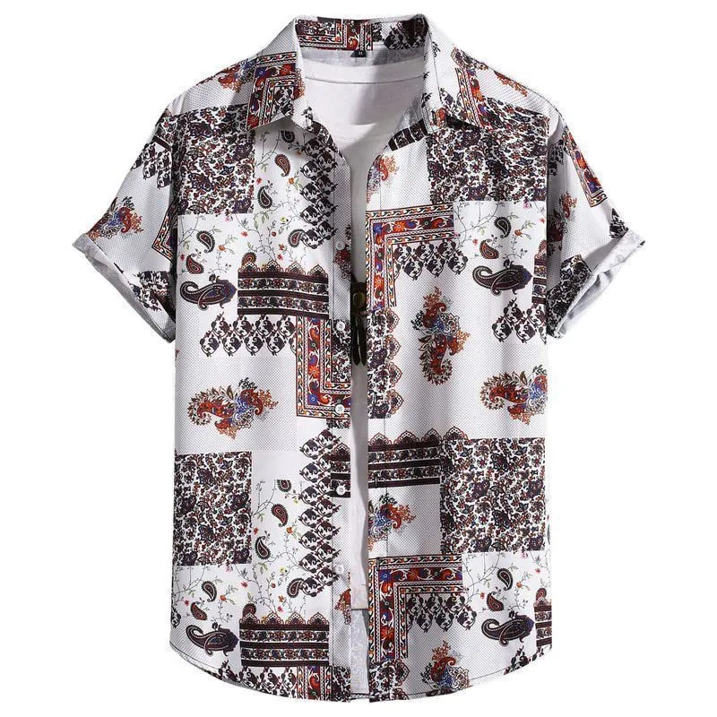 Men's slim fit short sleeve Hawaiian shirt with digital print pattern on stretch polyester fabric.