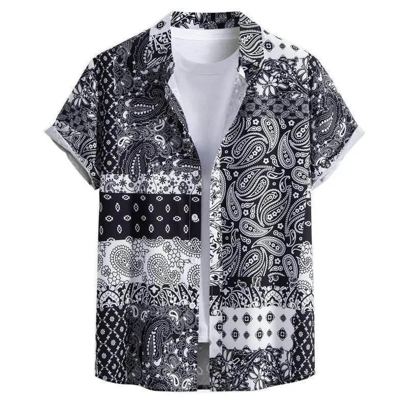 Men's slim fit short sleeve Hawaiian shirt with digital print pattern on stretch polyester fabric.