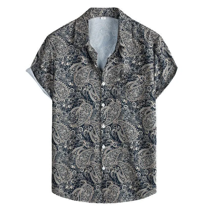 Men's slim fit short sleeve Hawaiian shirt with digital print pattern on stretch polyester fabric.