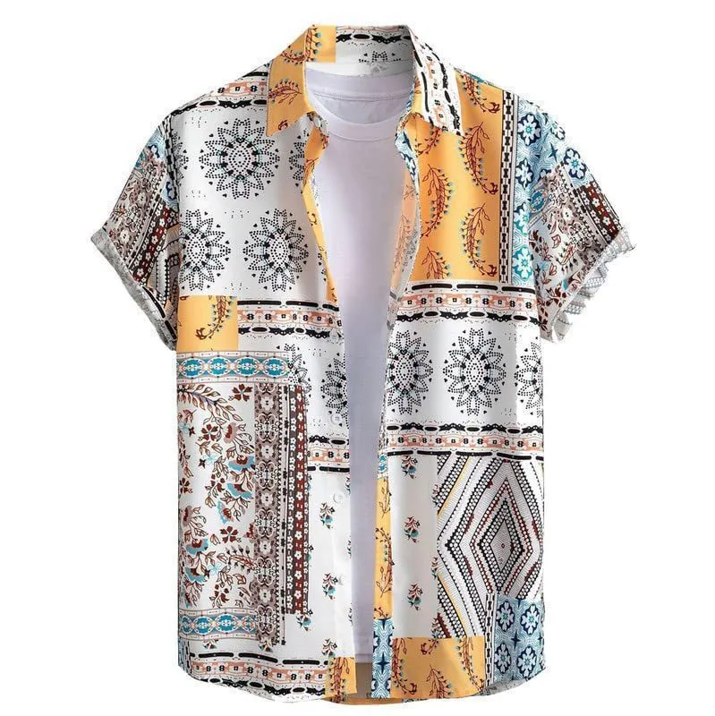 Men's slim fit short sleeve Hawaiian shirt with digital print pattern on stretch polyester fabric.