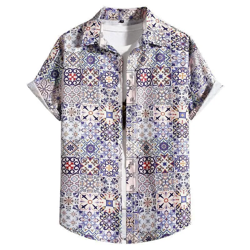 Men's slim fit short sleeve Hawaiian shirt with digital print pattern on stretch polyester fabric.