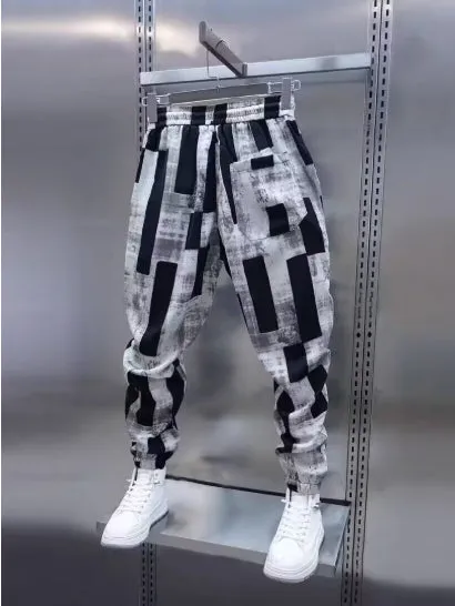 Men's Ice Silk loose trousers in black with high waist drawstring and ankle strap straight leg for summer