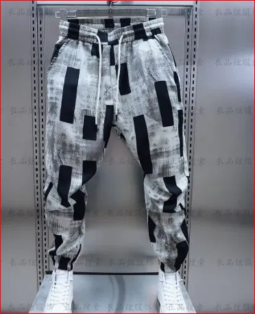 Men's Ice Silk loose trousers in black with high waist drawstring and ankle strap straight leg for summer