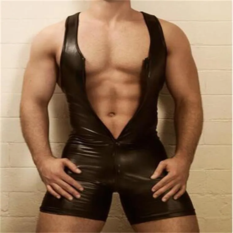 Men's black PU leather fitness tights on a model, showing skinny fit and shiny finish
