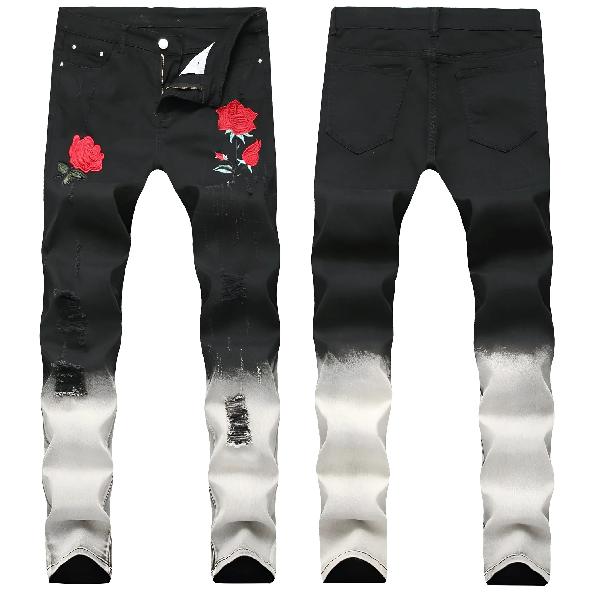Black high-waist rose-embroidered shredded stretch denim jeans for women