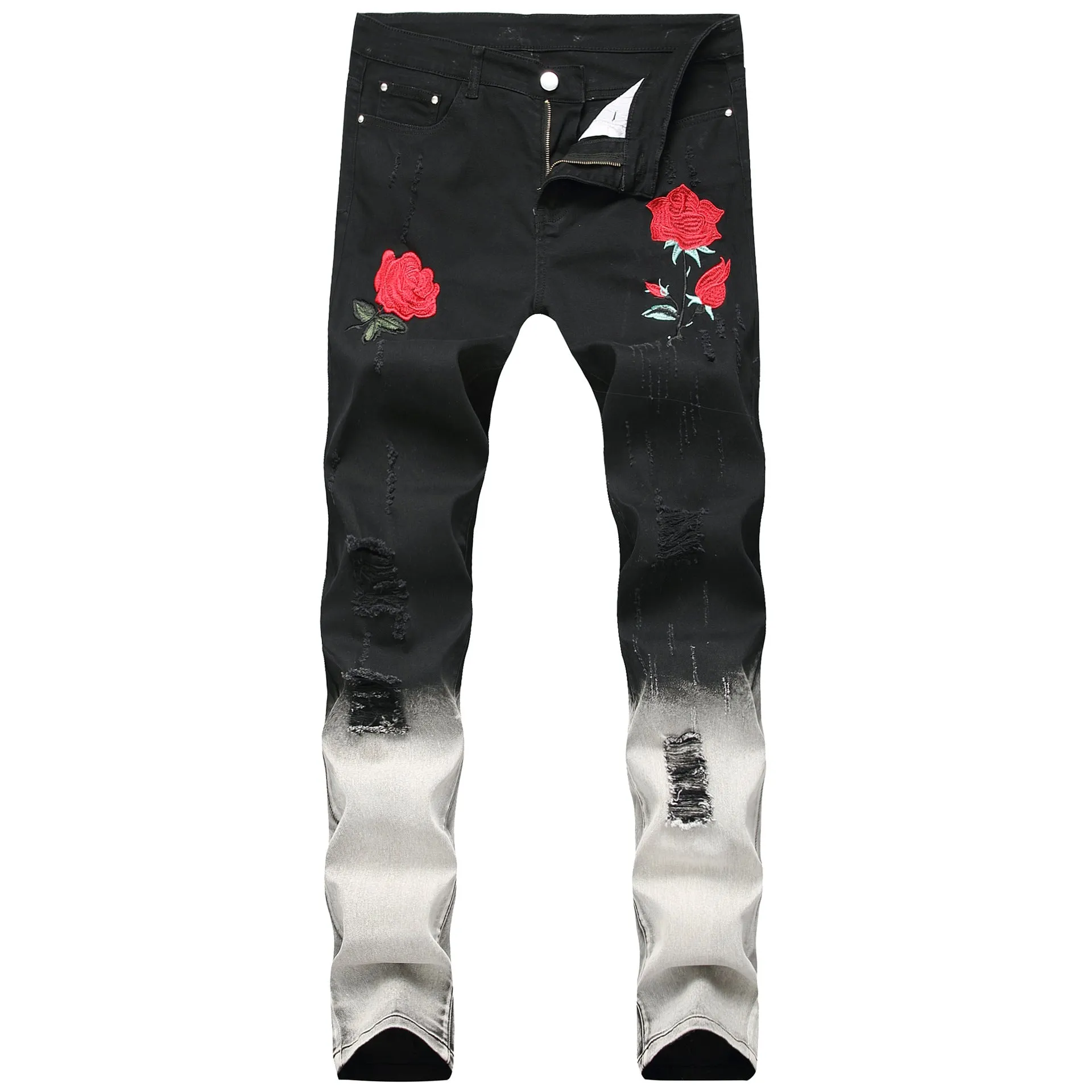 Black high-waist rose-embroidered shredded stretch denim jeans for women
