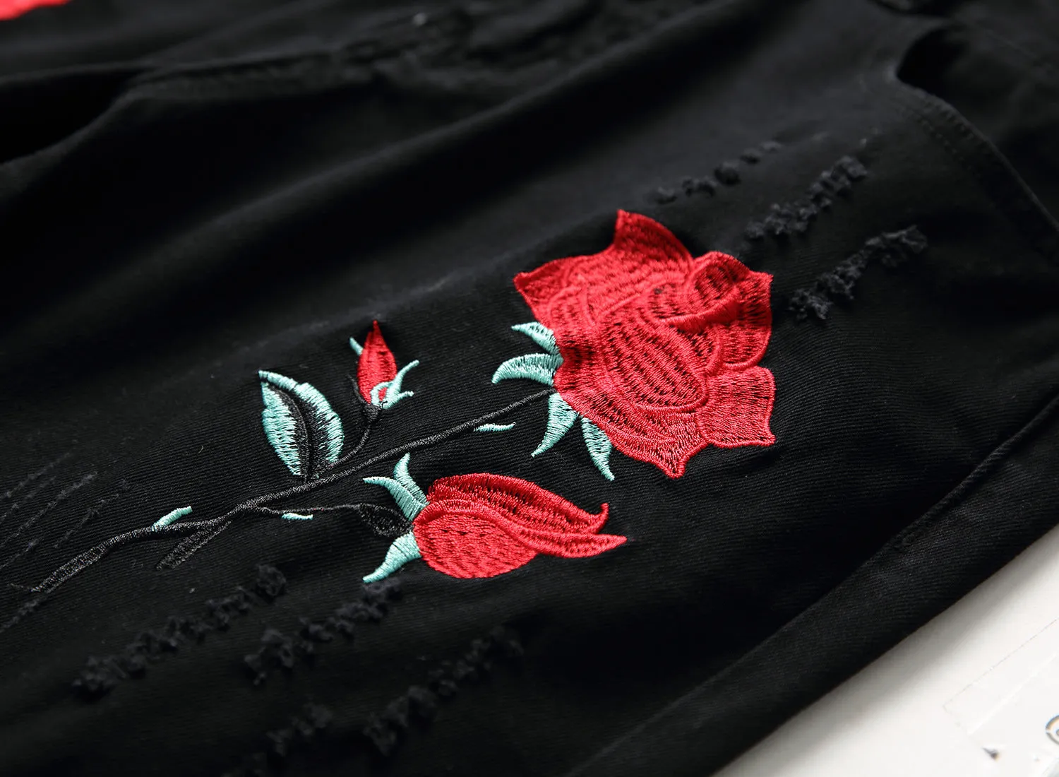 Black high-waist rose-embroidered shredded stretch denim jeans for women