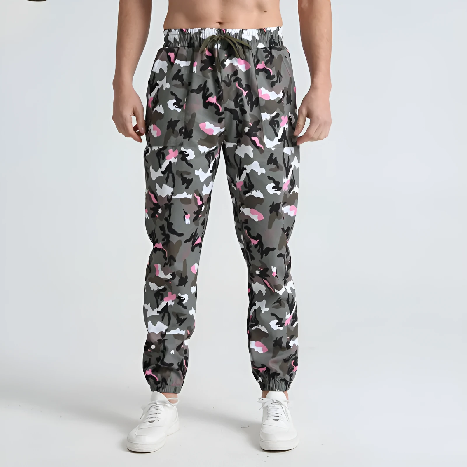 Men's sports casual camouflage trousers in army green camouflage, full-length polyester fibre design