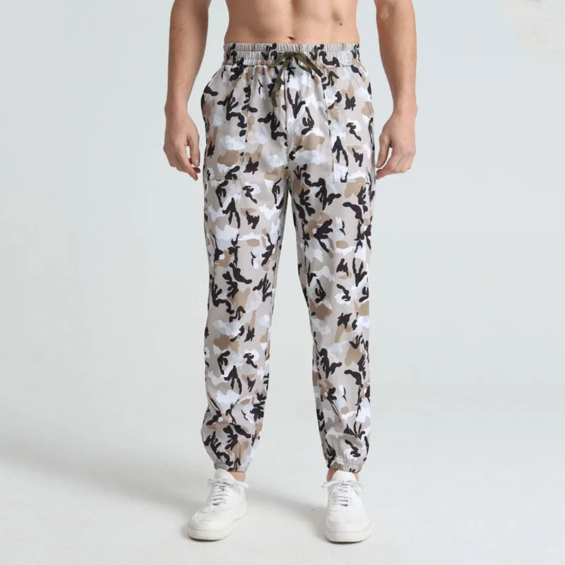 Men's sports casual camouflage trousers in army green camouflage, full-length polyester fibre design