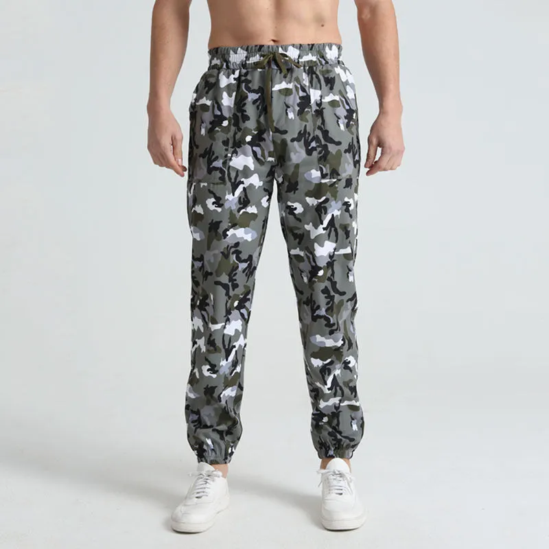 Men's sports casual camouflage trousers in army green camouflage, full-length polyester fibre design