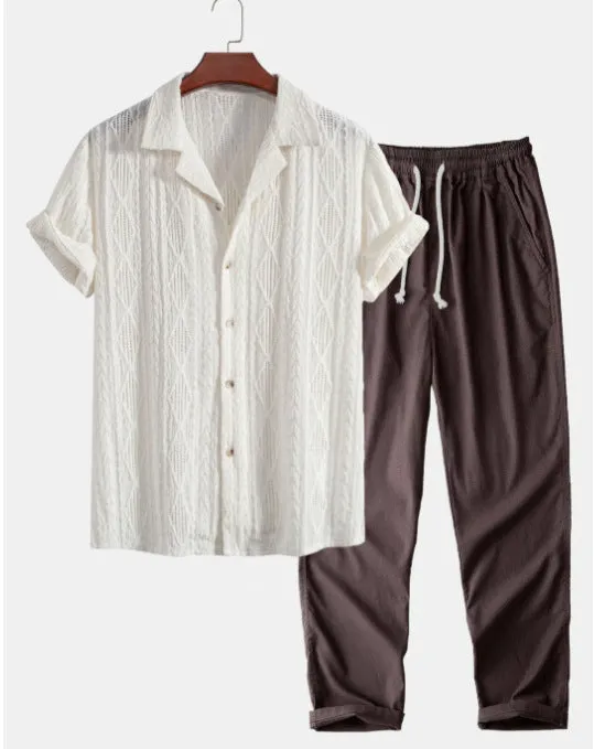 Slim-fit men's camouflage print shirt and trousers casual suit set on a hanger.