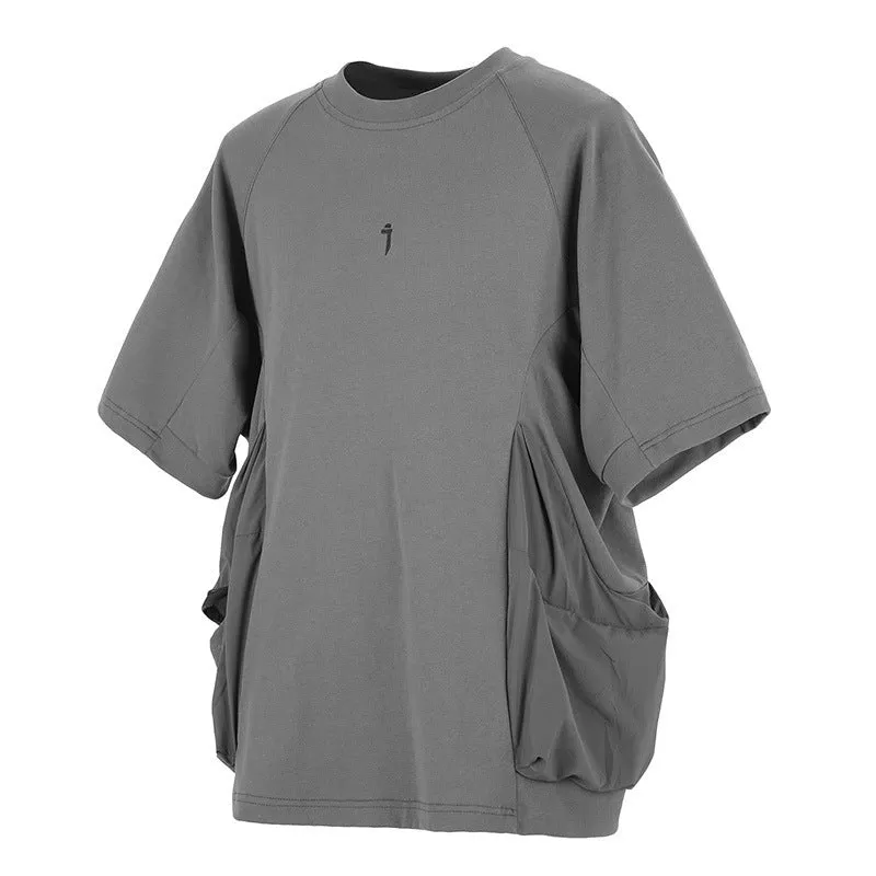 Men's loose casual cotton short sleeve T-shirt with big pockets in black colour