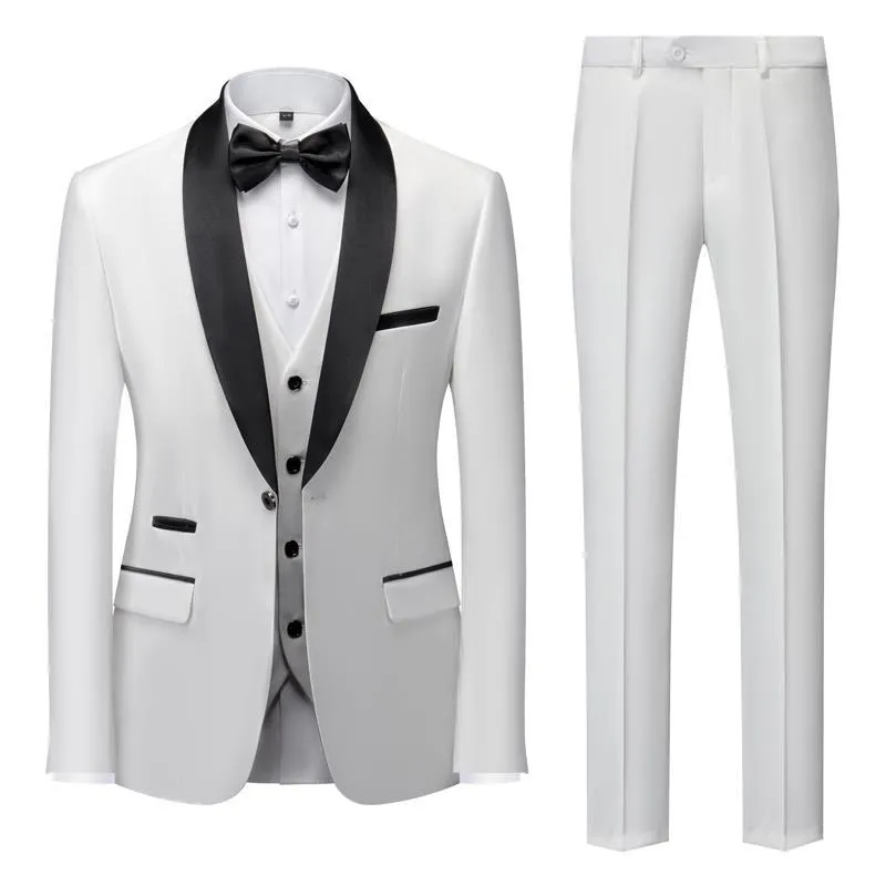Men's slim-fit three-piece suit set in green fruit collar style, cotton blend fabric, for wedding and stage use.