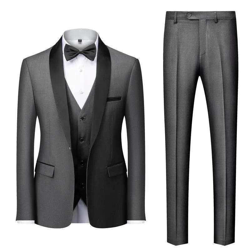 Men's slim-fit three-piece suit set in green fruit collar style, cotton blend fabric, for wedding and stage use.